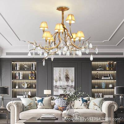 全布艺吊灯客厅吸餐顶灯中厅复式式复60411古美式创铜意艺术树枝