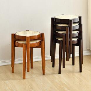 圆木藤编圆子凳简约实木凳子可叠放家用客厅休凳闲折小TY1叠凳梳