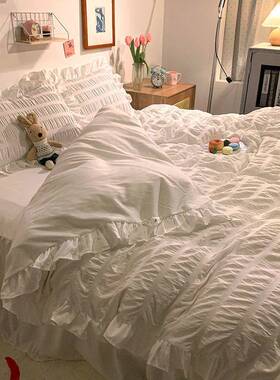 民宿件pxx10032套店白被套荷叶花四边床纯裙学酒生宿舍三件套床单