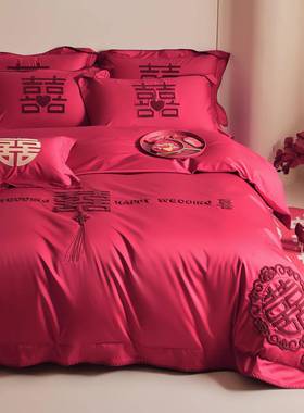 中式婚F777T9JT庆嫁四件套红色婚婚嫁床单被套纯新棉礼陪结婚床上