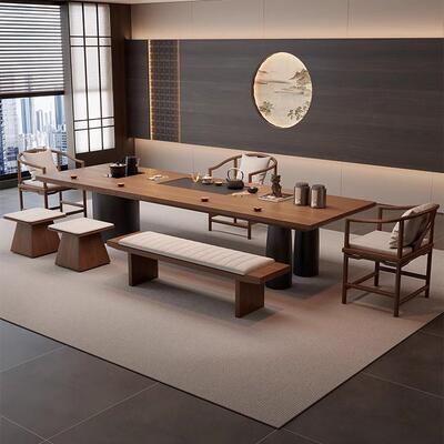 新中式合实木组办大板公室茶桌椅组合商务风MPL茶室原木茶2台025
