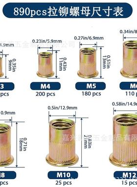 89pcs拉铆螺母盒装铆接71螺母铆螺母大边纹平头竖滚花铆螺母M30M-