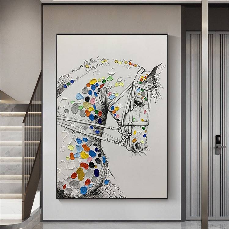 纯手绘油画动物马挂画新中式竖版书房玄关装饰画玄幻壁画大幅落地图片