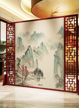 山水屏风实栅栏木DIJ座屏家用遮挡酒店字楼写办公装室玄关隔断背