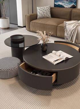 现代轻奢感圆形客厅家用黑色网红极简组岩板合RYU户茶几小简型约