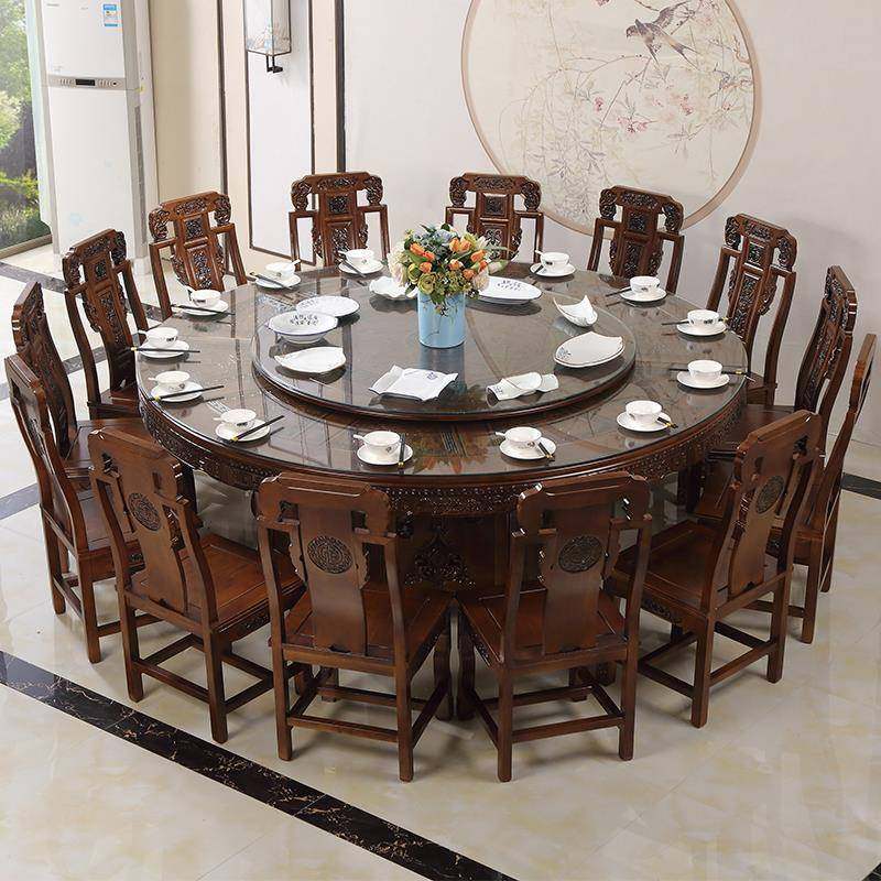 人0A全实桌木餐桌椅组合15大圆XLX酒店电动大圆桌1式8人中仿古雕