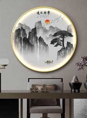 新中式迎客松玄关装饰画带灯山光挂S23805迎水l古ed灯发光客厅风