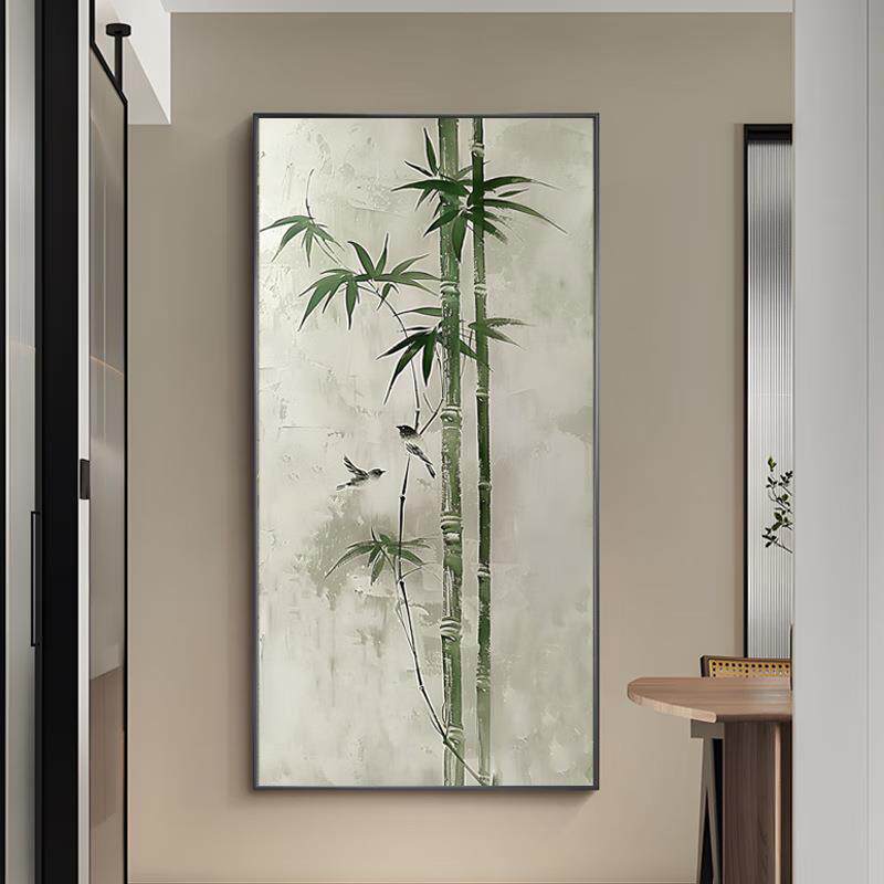 纯手绘油画竹子客厅茶室装饰画家居玄关新中式艺术画落地摆件花鸟