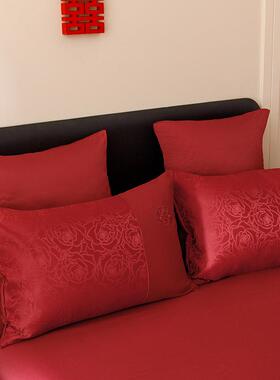 中结式喜字婚四件大BTFX套红色床单玫婚瑰提花被套婚庆房喜被床上