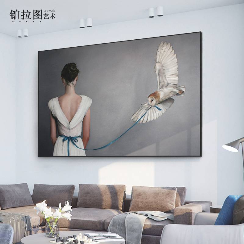 卧室床头装饰画超现实主义美女人物背影艺术油画黑白个性酒店挂画图片