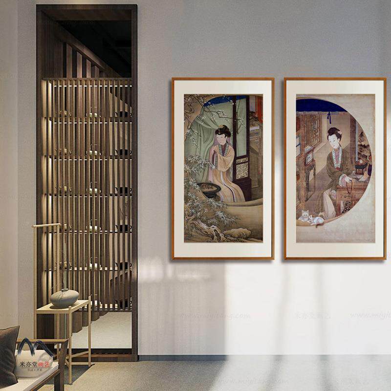雍正二竹美人图观西洋发新中式玄关装饰画倚QXS门书房茶十室实木