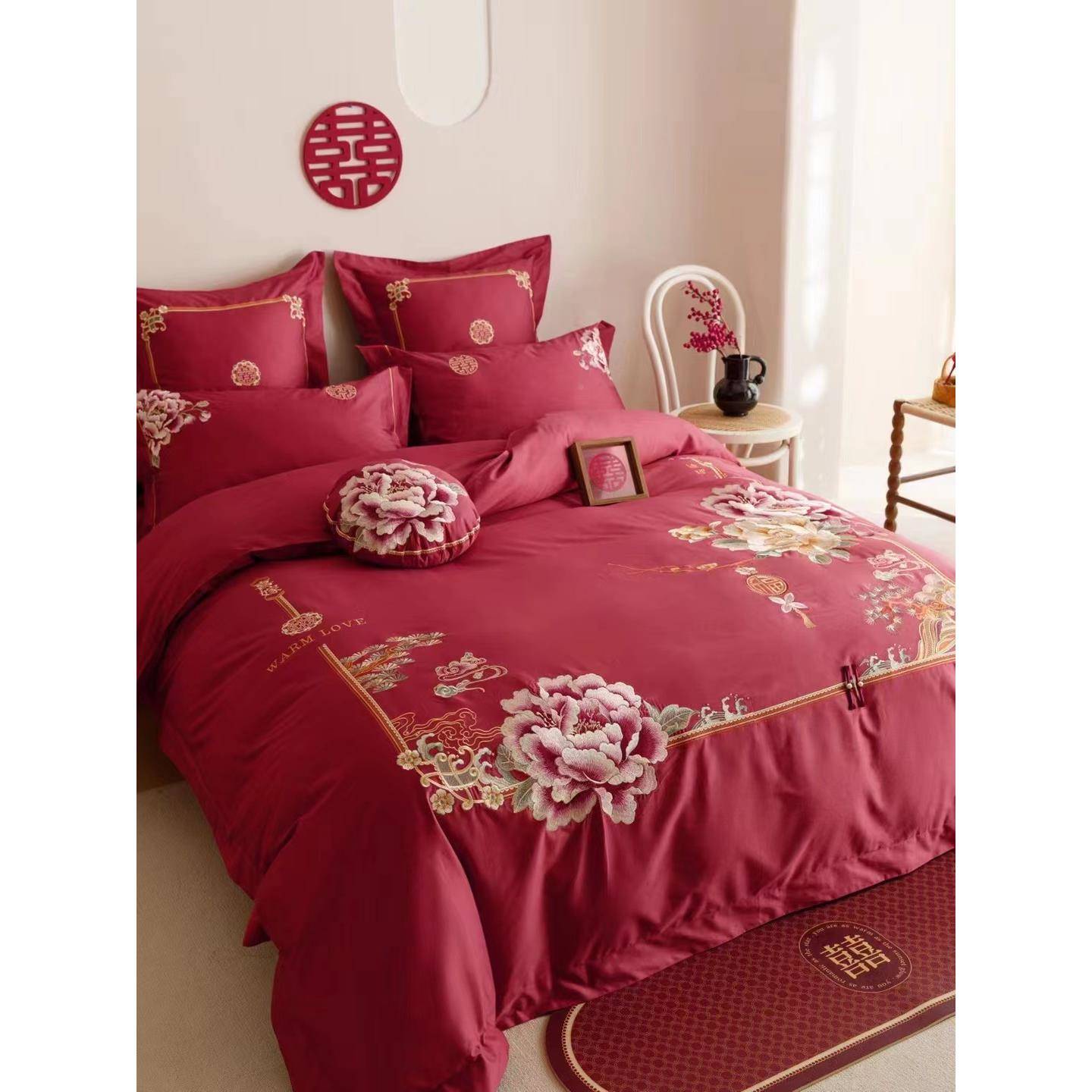 漫婚庆卉100S长绒棉床单浪四件盖套花刺绣全棉结PIC婚被套床床上