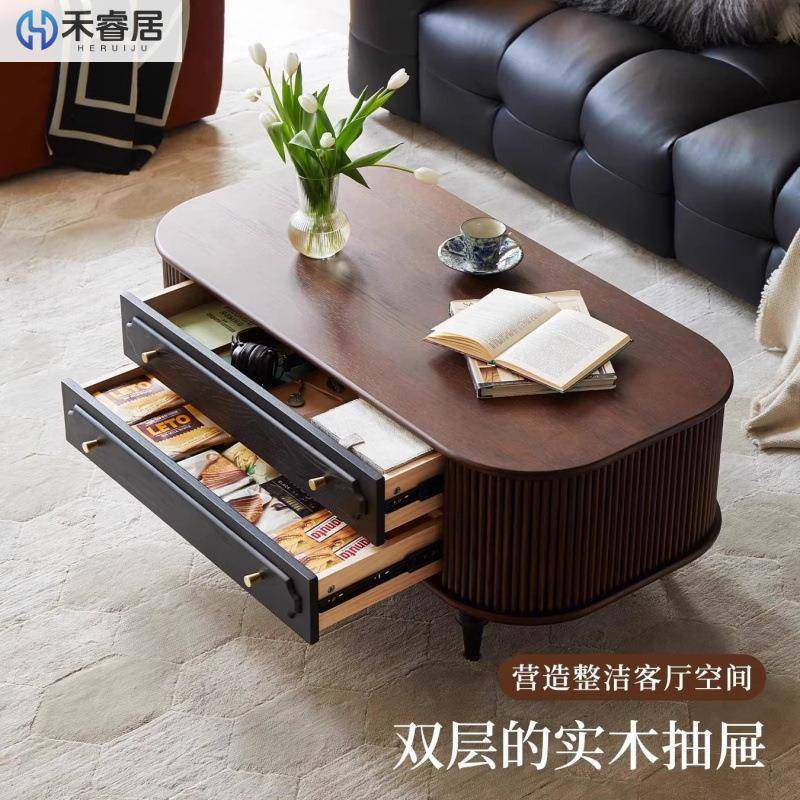 法复古实木茶电几视柜组合美式椭小户无品牌/型客厅家用圆形中古