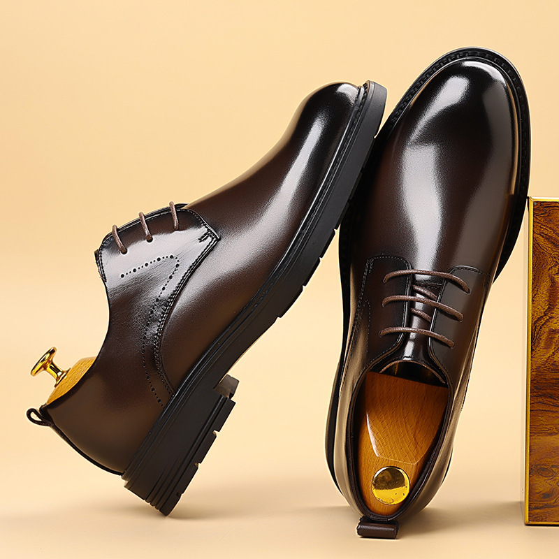 男士商务正装皮鞋圆头经典系带男鞋防滑耐磨头层牛皮鞋厚底德比鞋