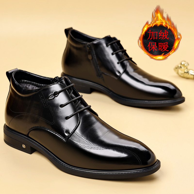 新款秋冬季头层牛皮商务棉鞋真皮尖头加绒皮鞋潮流系带保暖棉靴