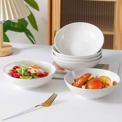 加厚横纹碗可微波纯白陶瓷餐具家用汤碗面碗吃饭大碗简约