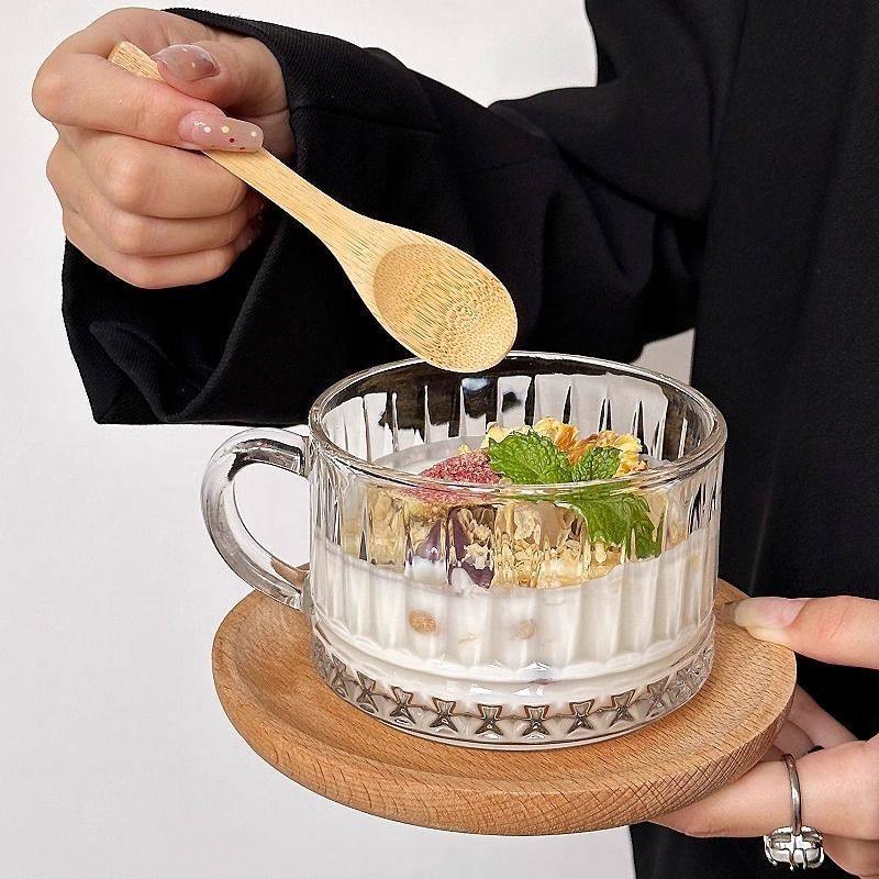 简约平底花纹带把牛奶杯ins风复古冰咖啡杯早餐燕麦杯大口果汁杯