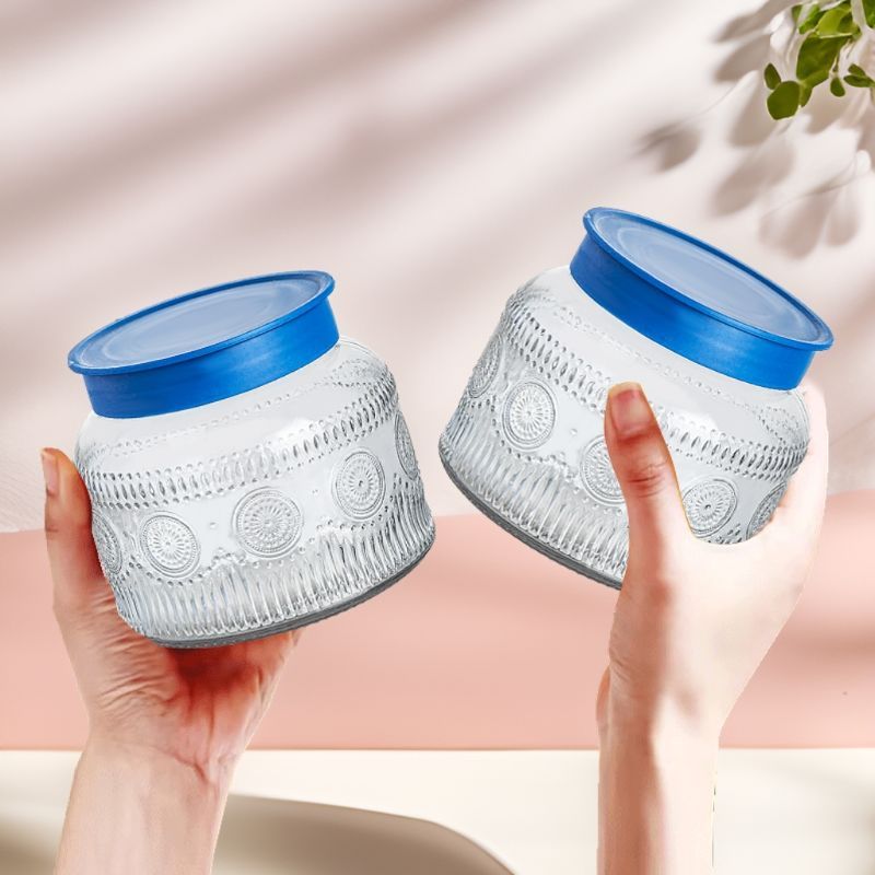 【2件】小号复古海棠花纹玻璃储物罐零食干果家用厨房收纳罐带盖