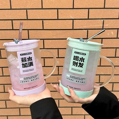 1000ML玻璃杯大容量吸管水杯杯子ins夏带盖高颜值情侣对杯喝水杯