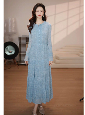 Girdear/哥弟26早春新款爆款时尚百搭长袖气质蓝色连衣裙150056