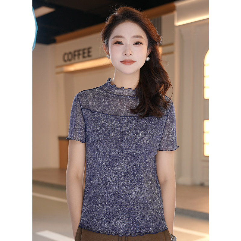 Girdear/哥弟星空灰 | 优雅时尚休闲半高领拼接短袖T恤1300643