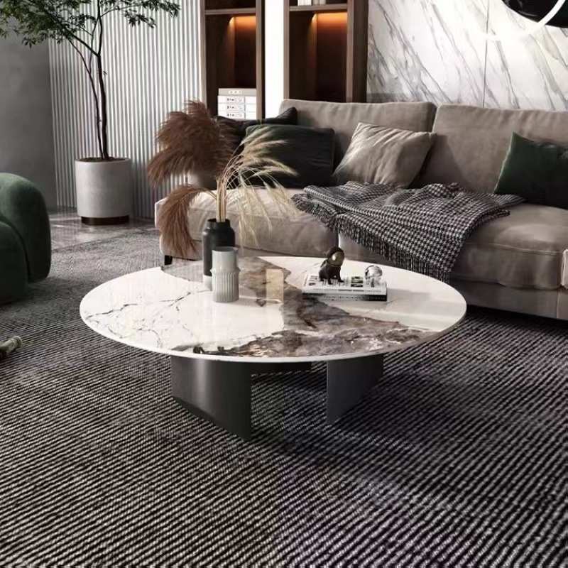 秋盈家具意式极简中古风岩板茶几家用圆形钢化玻璃茶几CJ-19
