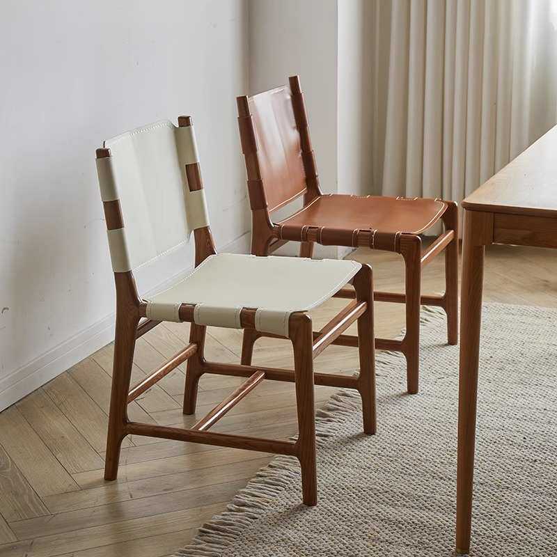 马鞍皮餐椅棕色白色餐厅椅子实木咖啡厅餐桌椅靠背书桌椅休闲椅家