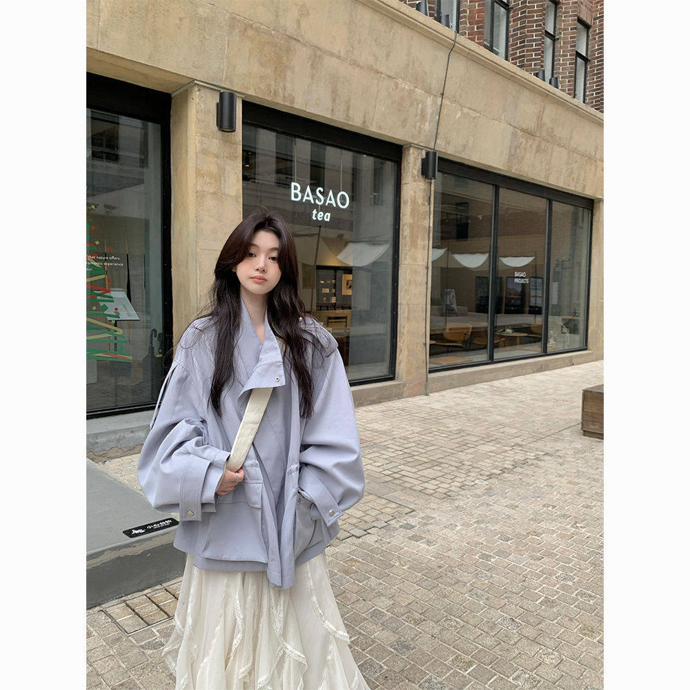 雾蓝色风衣外套女2025春秋款宽松休闲小个子高级感立领夹克外套