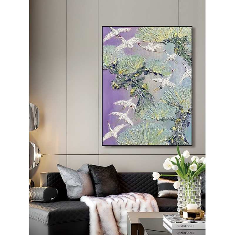 新中式 寓意好招财仙鹤装饰画松鹤延年入户玄关走廊客厅大幅挂画