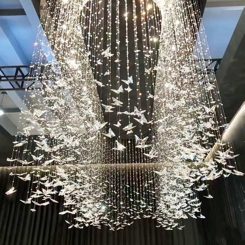 轻奢吊灯客厅LED灯具别墅挑空水晶灯复式楼旋转楼梯蝴蝶水晶吊灯