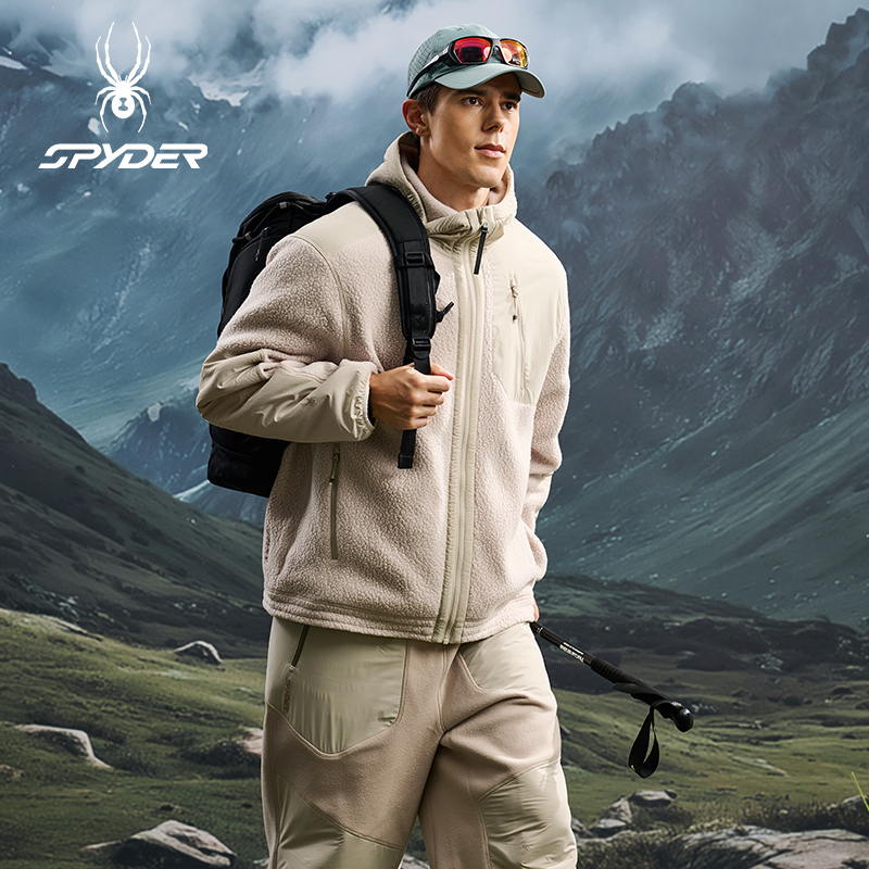 蜘蛛秋冬男子针织连帽抓绒厚夹克