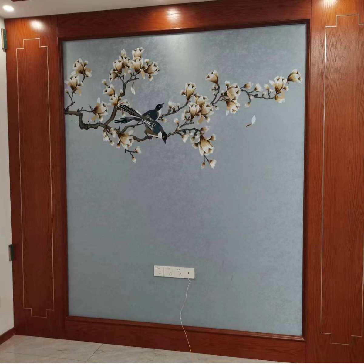 独绣刺绣花鸟墙布背景客厅沙发卧室无缝壁布玉兰新中式壁画新款