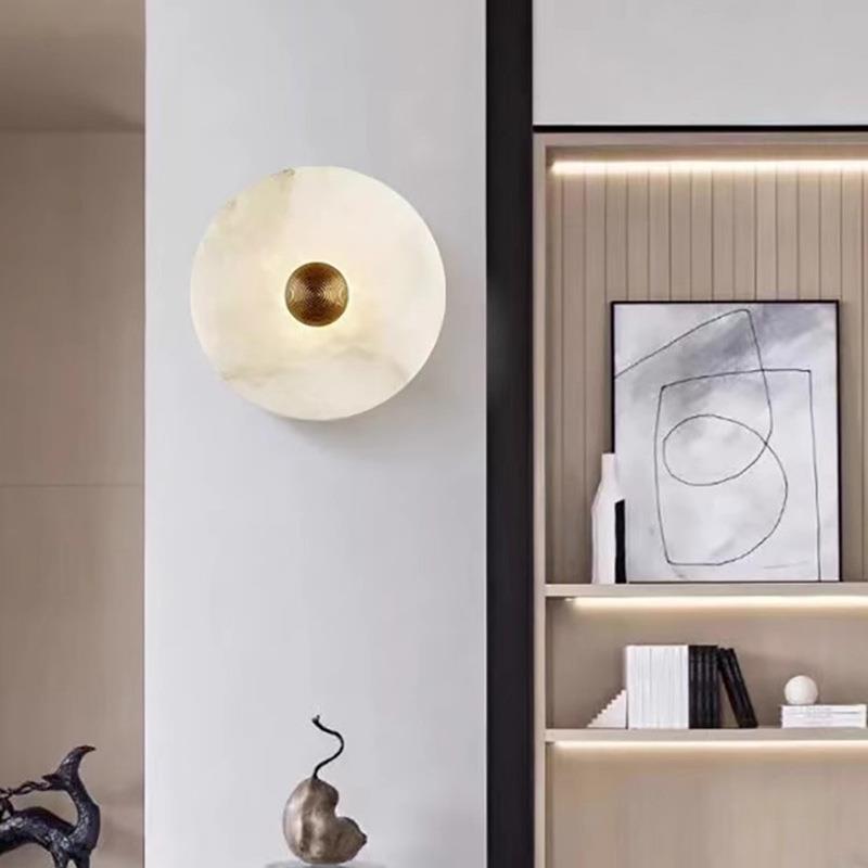 现代简客厅背景CWS高档道走圆形天然云石壁灯约酒店廊过客房装饰