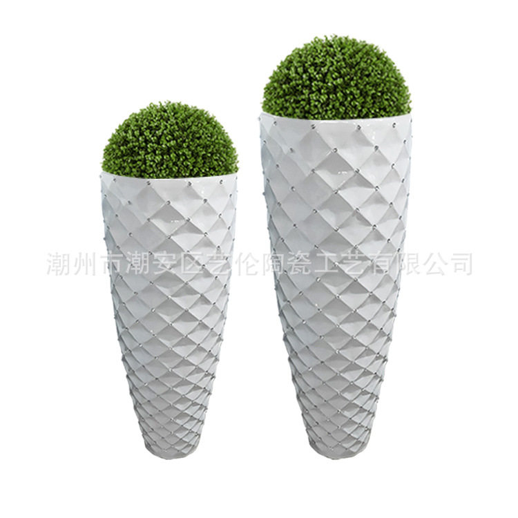 白色菱形贴钻玻璃钢落地大花瓶花器干花插花摆件客厅现代装饰品