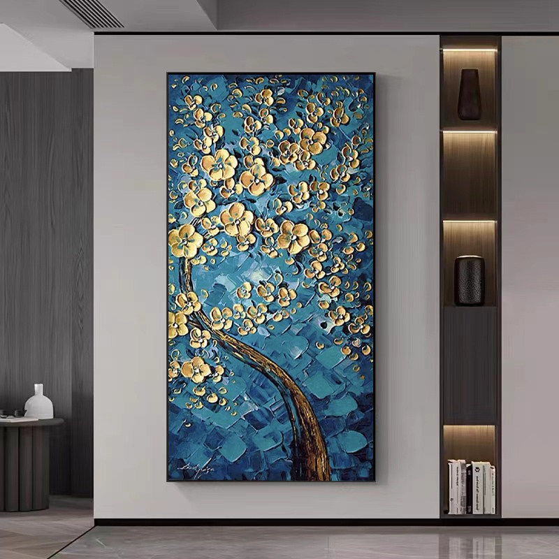 蓝韵发财树手绘油画现代简约入户玄关装饰画立体厚油走廊过道挂画