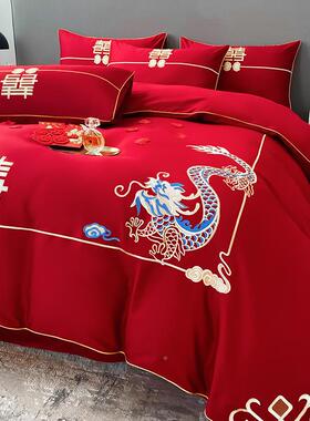 档婚庆长棉刺绣绒纯棉四件高套大红色OWD婚床单被套结喜庆