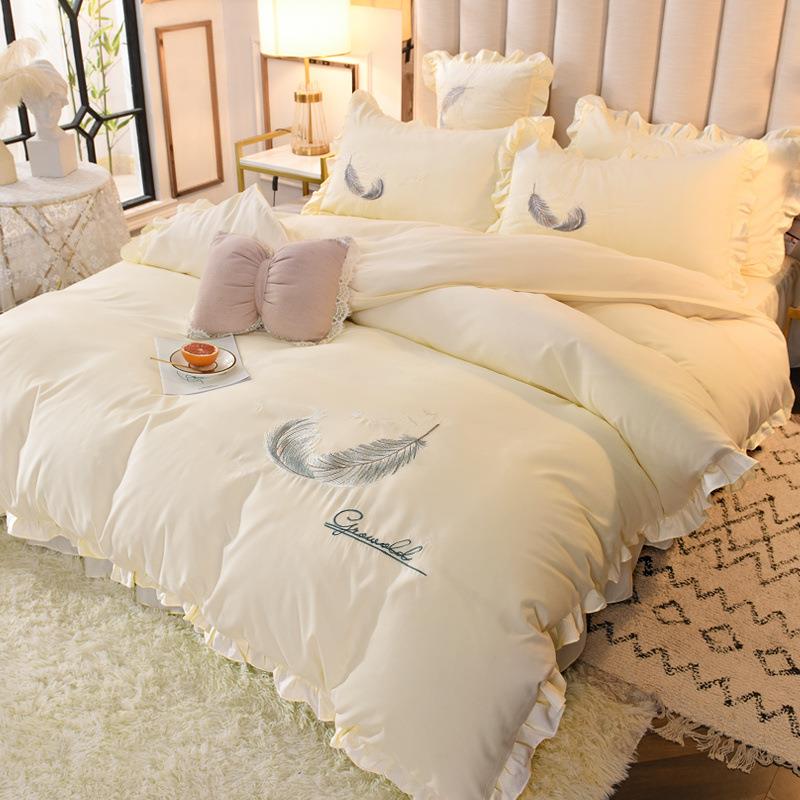 轻奢裸睡绣全纯色床棉裙四件SZC套刺花边被套舍家用床宿品