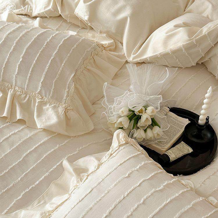 法裸式简约用100SXQF水洗棉四件套被全棉套床单超柔睡花边床上品