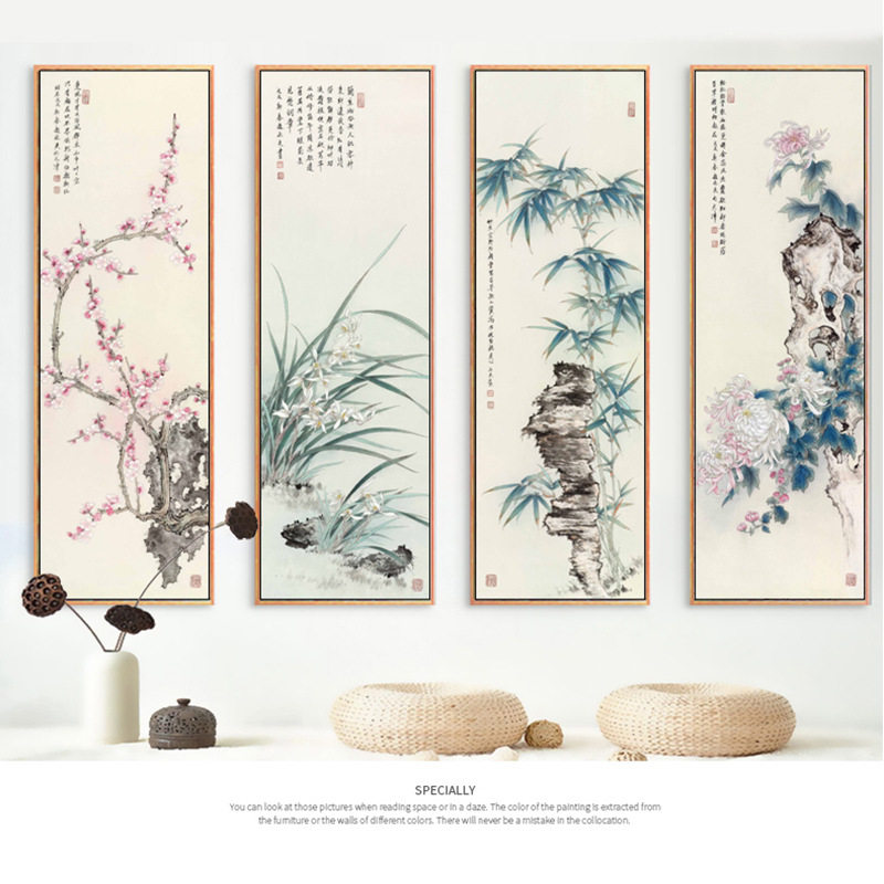厂家直销梅兰竹菊中式挂画客厅新中式装饰画茶室四联画装饰字画