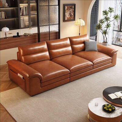 美式复沙古风奢油蜡沙发srj小户型客厅现代简约轻三人位皮直排皮