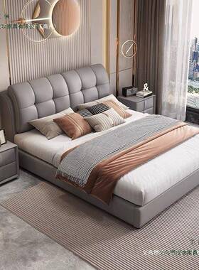现代简户约床床奶油风床软包主卧985皮大气双人婚小型齐边气压储