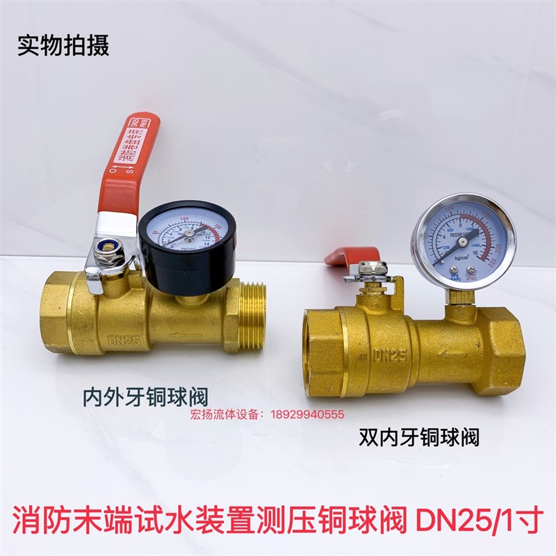 消防末端试水装置 喷淋系统消火栓试压装置球阀带压力表1寸/DN25