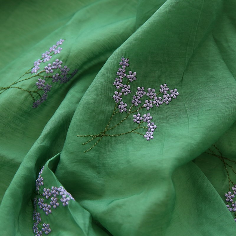 布悟夏天国风墨绿色丝绵刺绣布料田园植物连衣裙旗袍汉服文艺面料
