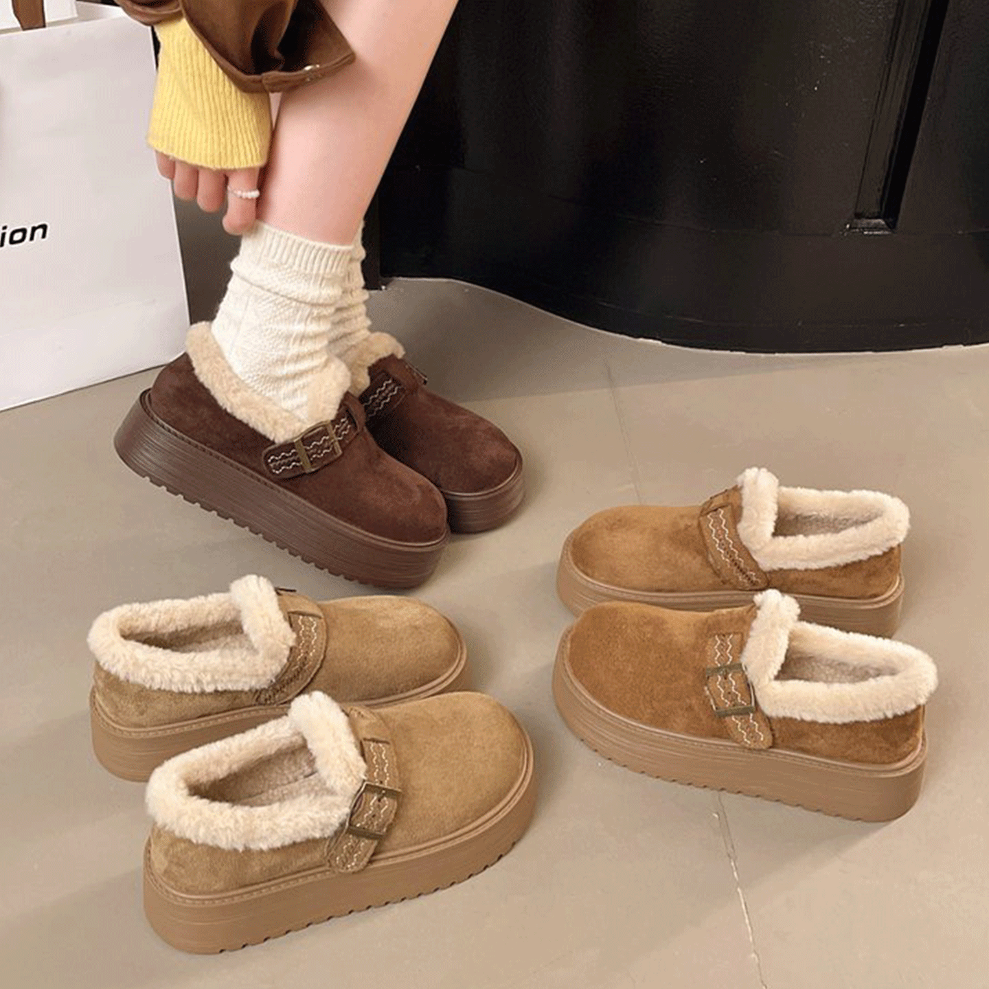 2025新款毛绒松糕底雪地靴女厚底增高防滑加绒勃肯鞋保暖防寒棉鞋