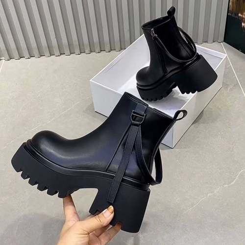 马丁靴女2025新款厚底松糕大头系带休闲短靴7cm小个子增高机车靴