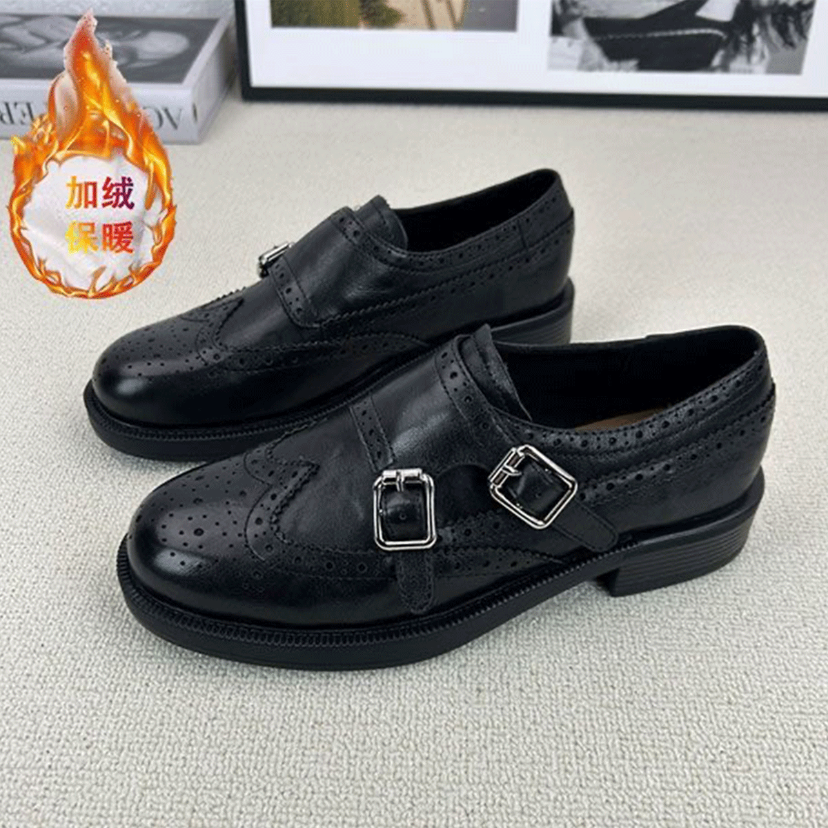 布洛克软底乐福鞋女2025秋冬季新款加绒英伦风小皮鞋粗跟百搭单鞋,女鞋,深口单鞋,淘宝优惠券,粉丝福利购,淘宝优惠卷