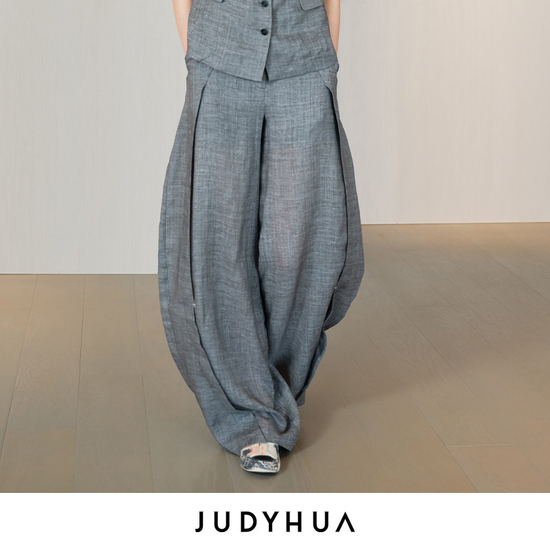 J For Judy 莫兰迪灰色松弛感苎麻廓形通勤阔腿长裤