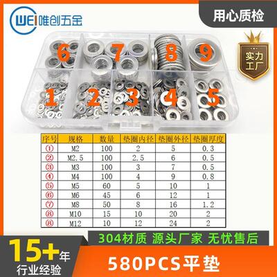 跨境580PCS 爆款304不锈钢垫圈盒装平垫圈套装180PCS垫圈组合