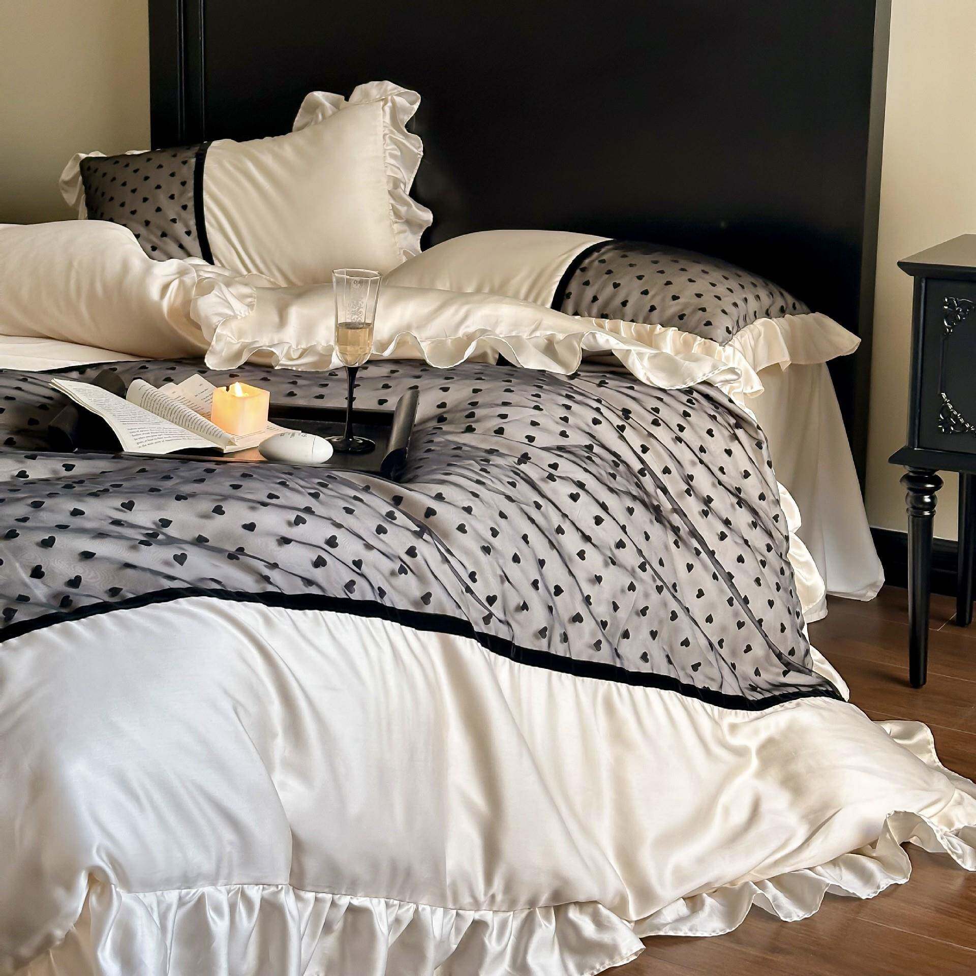 法式浪漫风60S兰精天丝复古爱心刺绣欧根纱被套床单床上用品1.8