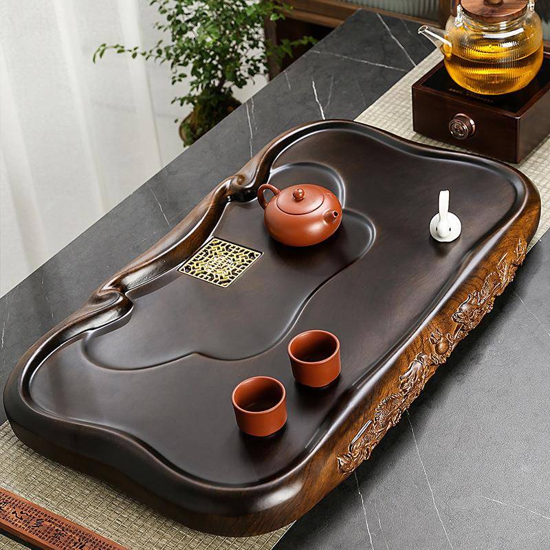整块实木茶盘家用排水式茶海大小号简约单层茶台长方形黑檀木托盘